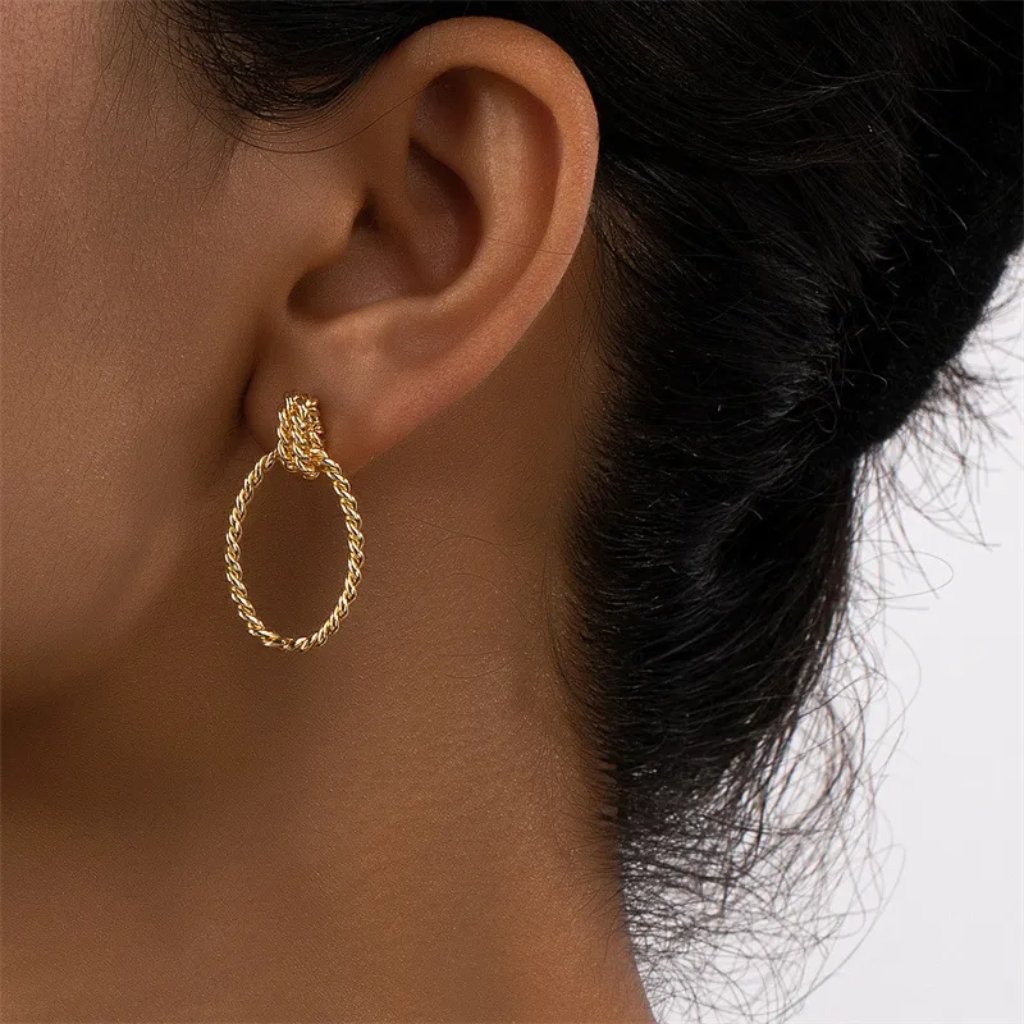 Women Fashion Metal Braided Gold Hoop Earrings